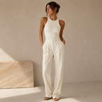 Ivory Belted Wide-Leg Trousers