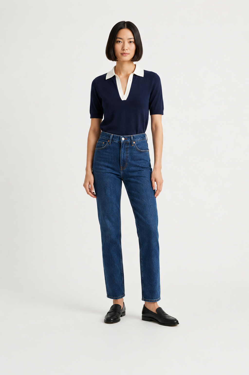 Navy Contrast Collar Knit Top